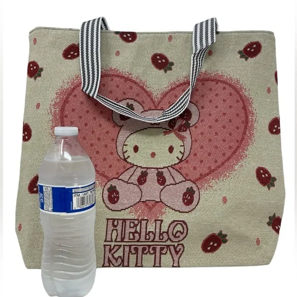Hello Kitty Large Tote Bag Strawberry Heart Teddy Bear New - Picture 3 of 7